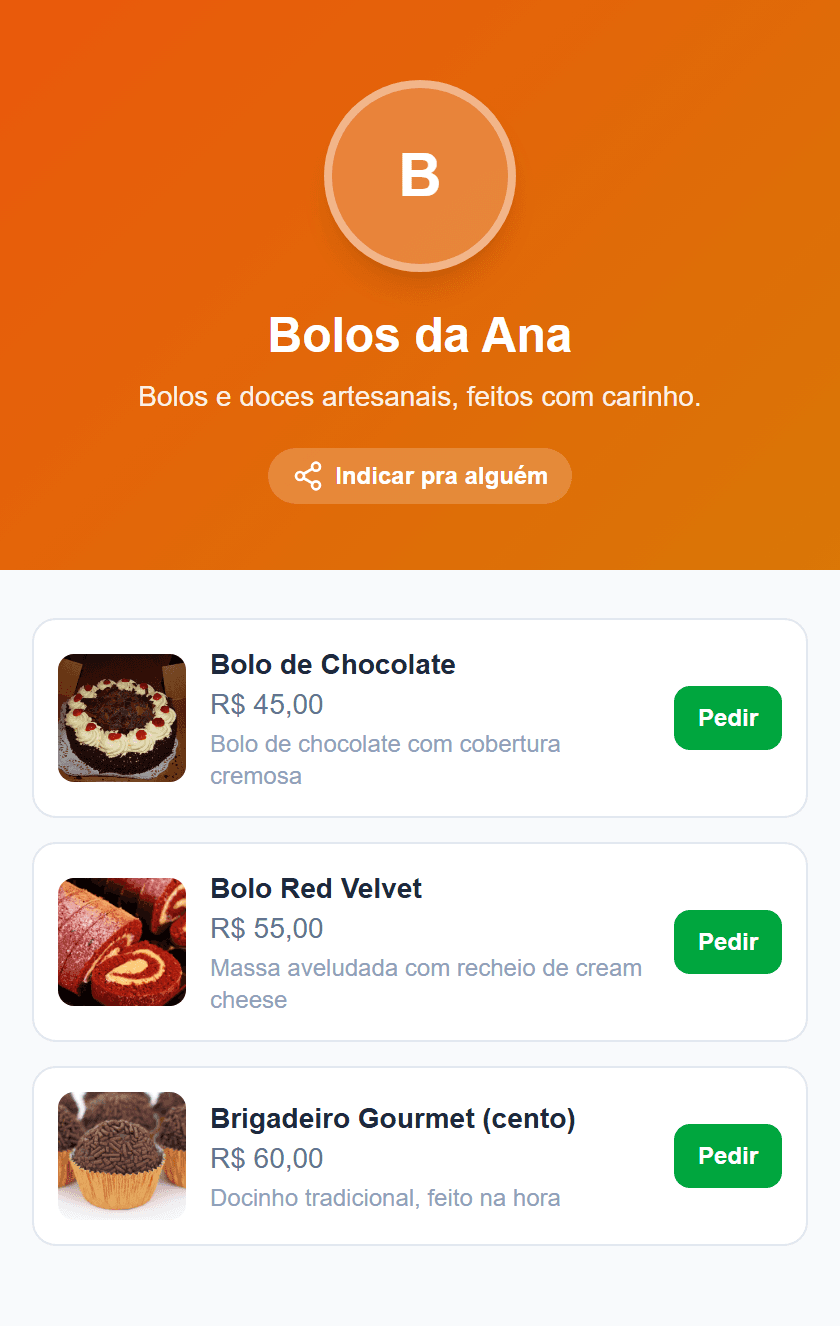 Exemplo de catálogo no Olha Aí, com fotos, preços e botão de pedido pelo WhatsApp